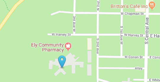 Map with Ely Bloomenson Community Hospital